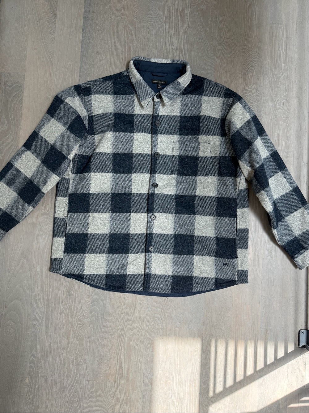 Banana Republic men’s Navy and Cream Buffalo Check Button-Up Shacket